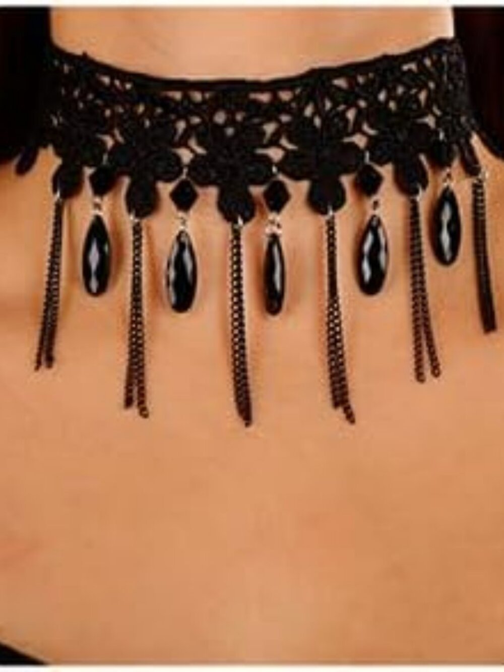 Boho Punk Vintage Black Lace Shiny Tassel Choker Goth Necklace Chunky